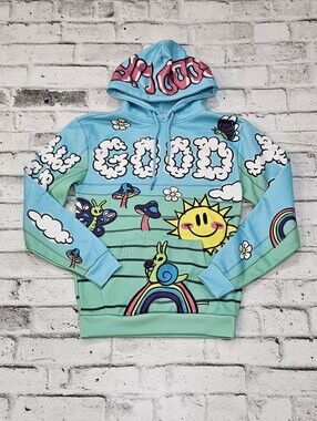 Amnesia Mens Graphic Hoodie Psychedelic Mushroom Rainbow Blue Size S